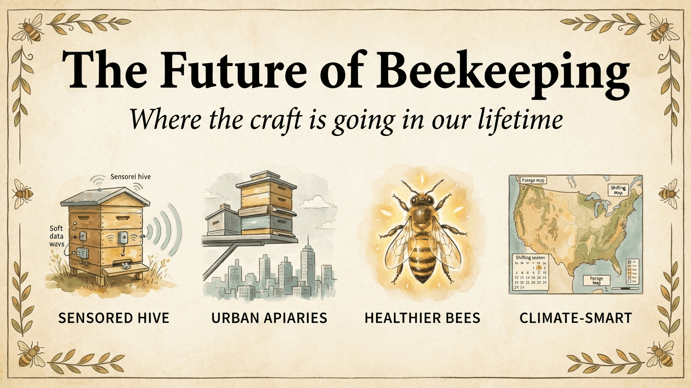 A vintage field-guide banner titled "The Future of Beekeeping" with four labeled vignettes in a row: a sensored hive, stacked urban rooftop apiaries, a healthy queen bee, and a climate forage map.