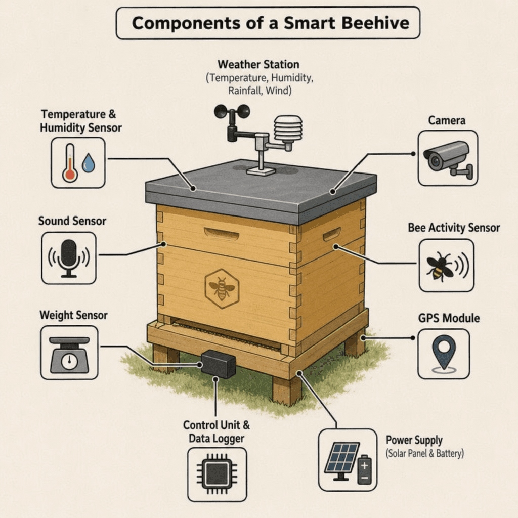 An annotated illustration titled "Components of a Smart Beehive" showing a wooden Langstroth hive labeled with its sensor stack: temperature and humidity sensor, sound sensor, weight sensor, a rooftop weather station, a camera, a bee-activity sensor, a GPS module, a solar-powered control unit and data logger, and a battery power supply.