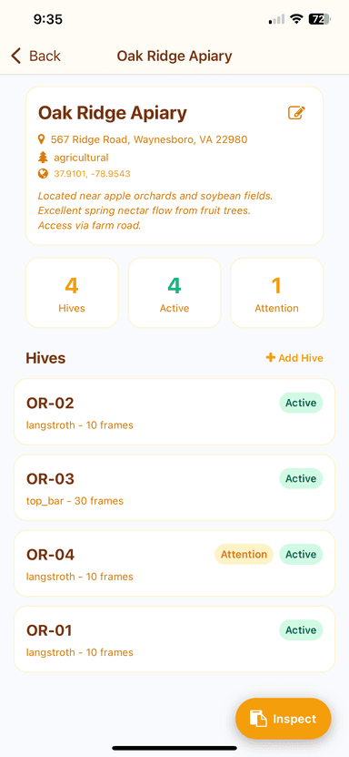Apiary Management app screenshot